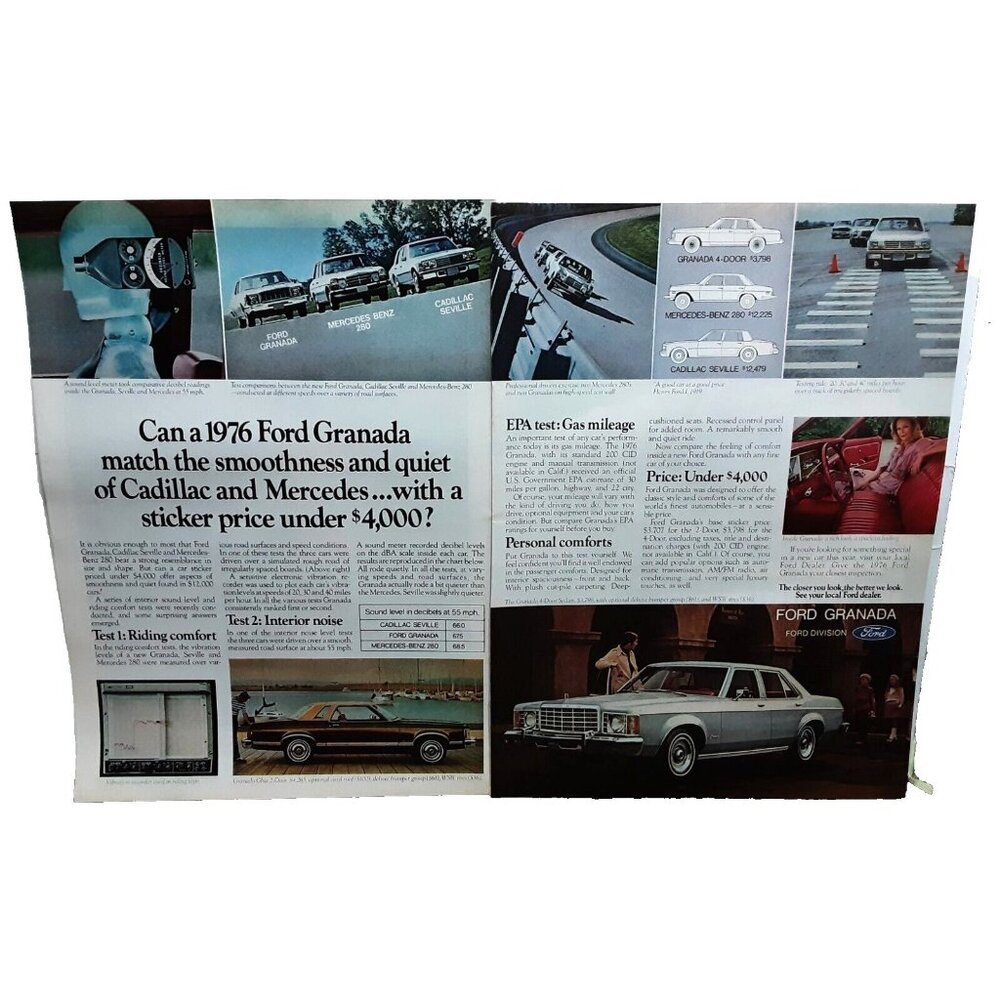 1975 1976 Ford Granada Two Page Original Print Ad Vintage 70s